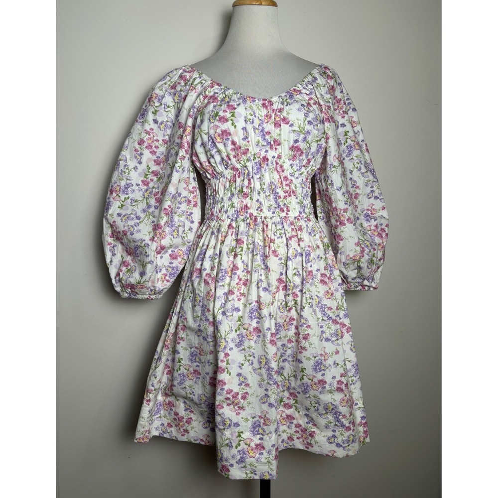 H&M Womens Cottage Floral Mini Dress XS Coquette Milkmaid Peasant Romantic
